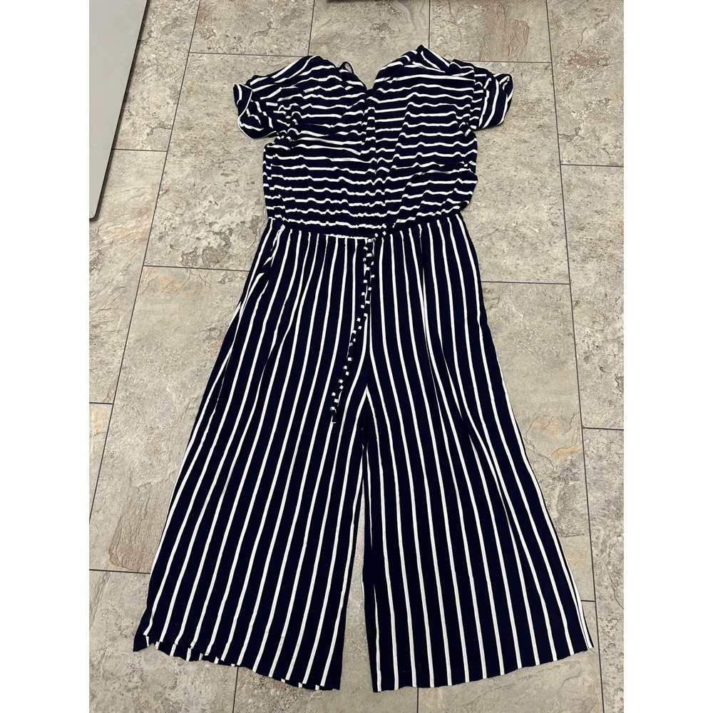 Zenana Navy White Striped Wide Leg Jumpsuit Womens Plus Size 3X Short Sleeve